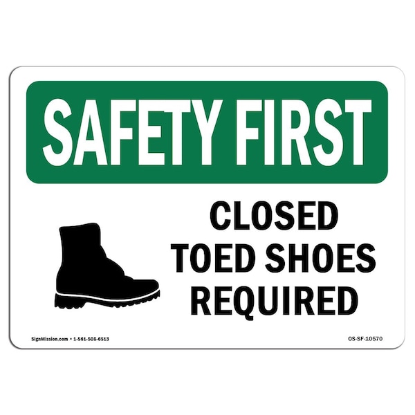 OSHA Sign, Closed Toed Shoes Required W/ Symbol, 10in X 7in Aluminum, 10" W, 7" H, Landscape
